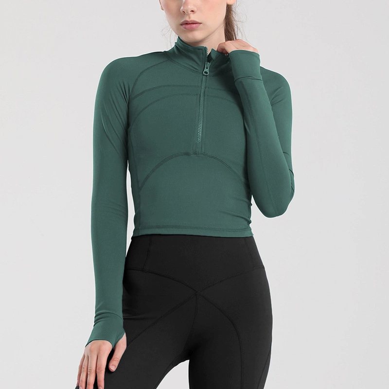 Half Zipper Yoga Suit Tight Stretch Quick Dry T-Shirt Yoga Sport Crop Top Long Sleeve Women